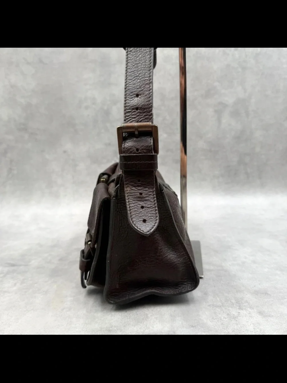 Mulberry Dark Brown Pebbled Leather Shoulder Bag with Buckle Pockets